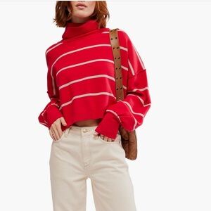 NWT Free People Paulie Stripe Turtleneck Sweater Cherry Mushroom Combo